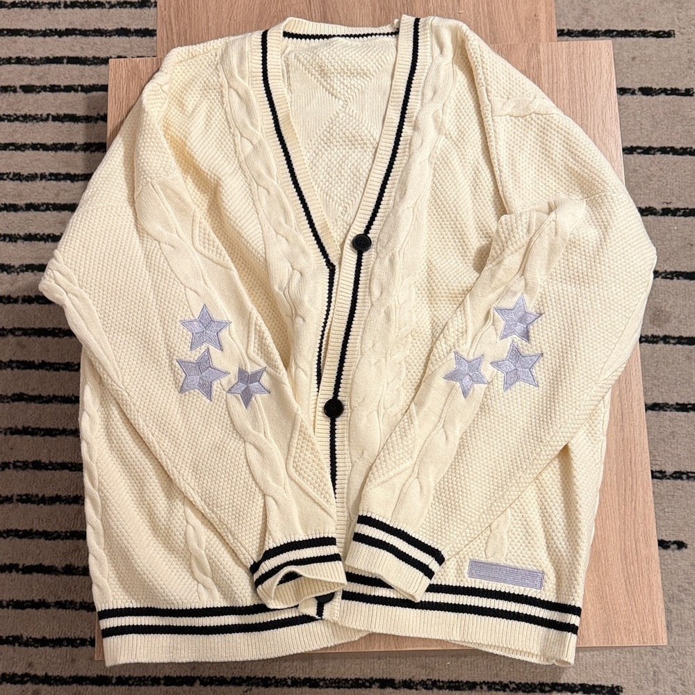 Cream Cable Knit Cardigan Sweater with Star Embroidery